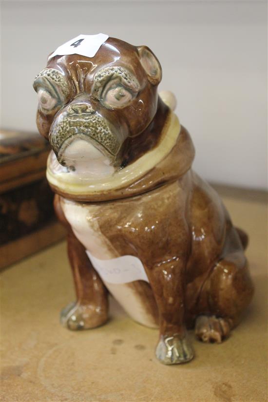 Continental Majolica Pug dog tobacco jar and cover